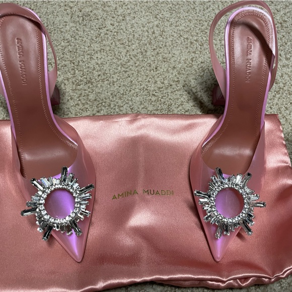 NEW Amina Muaddi Begum Embellished PVC Slingback Pumps 37 $1190 - Picture 7 of 13